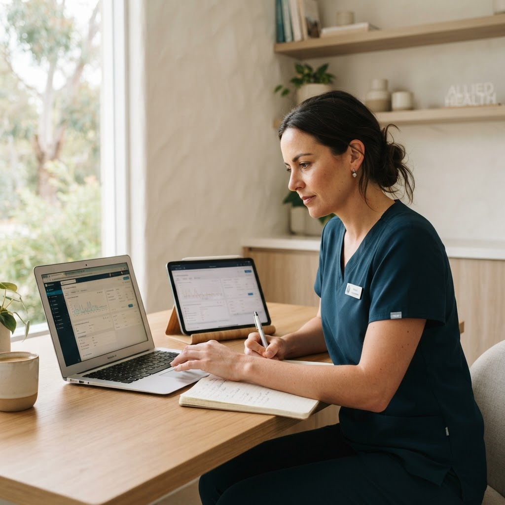 An allied health clinician reviewing clinical notes and reports