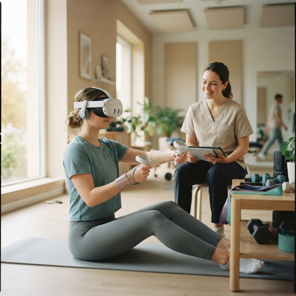 A patient wearing a VR headset during a physiotherapy rehabilitation session in a bright clinic